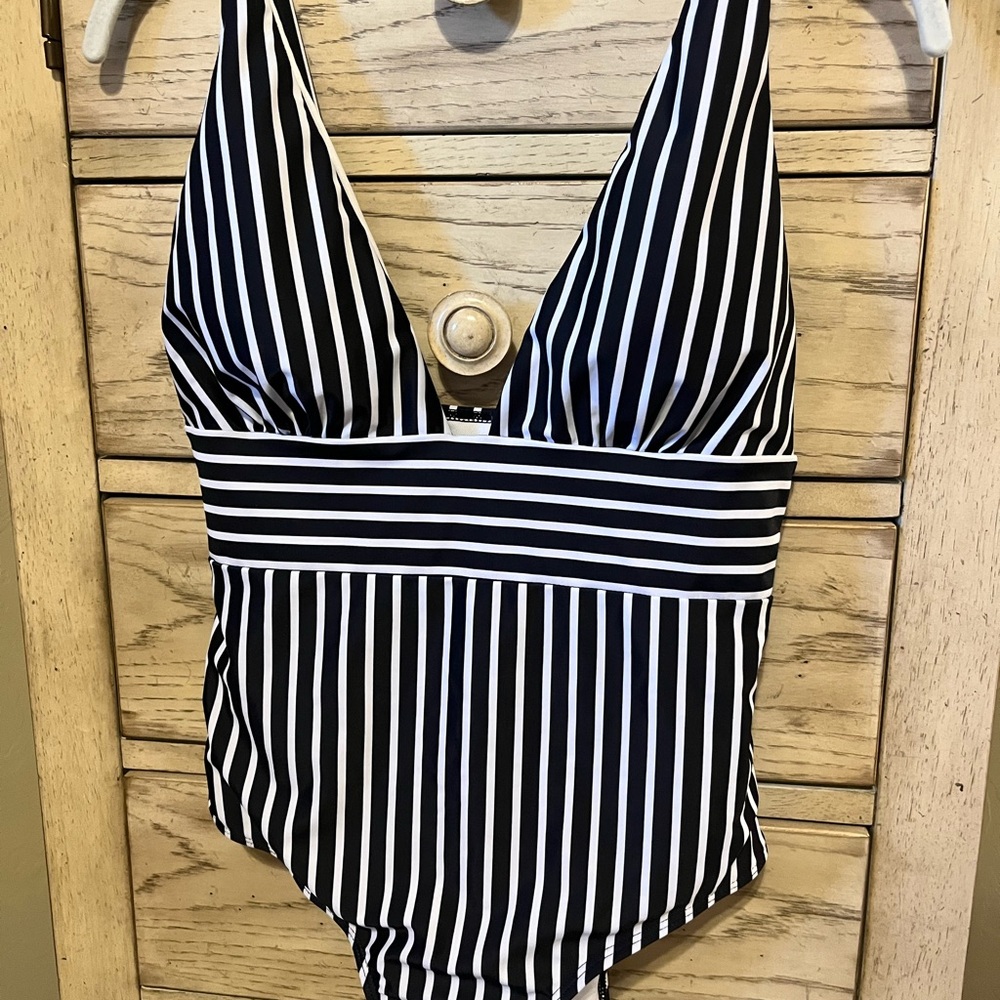 Striped Black and White One-Piece Swimsuit